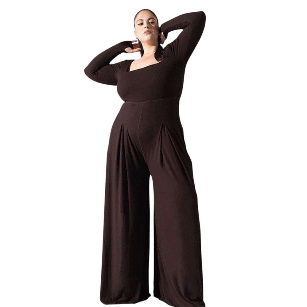 Popflex Go With The Flow Ribbed Jumpsuit Long Sleeves Brown Wide Leg Size 2X